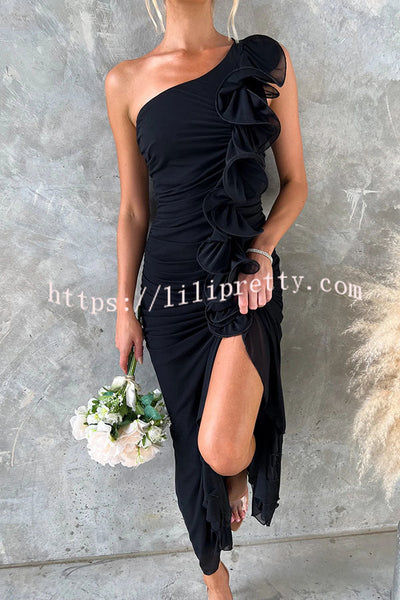 Rehna Mesh 3D Ruffles One Shoulder Stretch Maxi Dress
