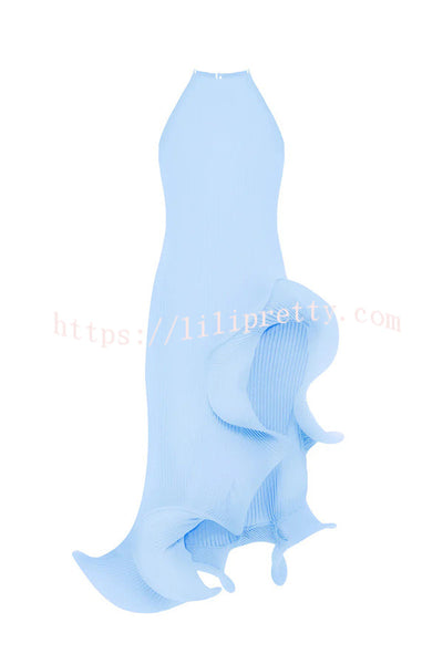 Solid Color Sleeveless Waist Tie Irregular Ruffle Slim Midi Dress