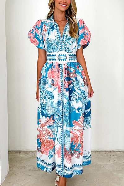 Unique Print Puff Sleeve Button Belt Casual Maxi Dress