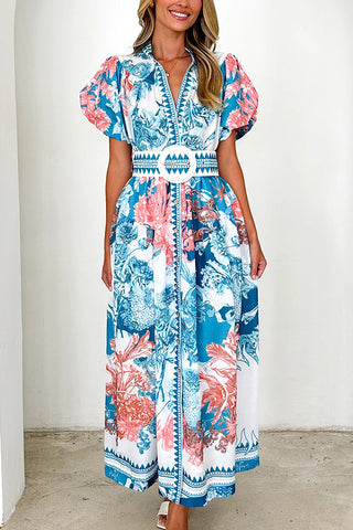 Unique Print Puff Sleeve Button Belt Casual Maxi Dress