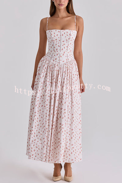 Romantic Countryside Stretch Cotton Blend Floral Print Cutout Trim Slip Midi Dress