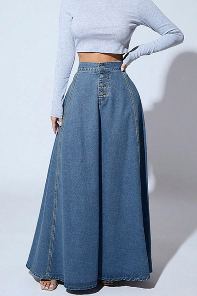 Fashion Metal Single-Breasted Casual Denim Maxi Skirt