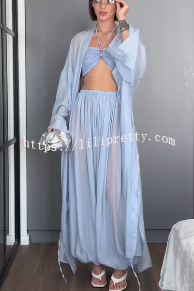 Flowy Linen Blend Halter Tank & Elastic Waist Tie-up Wide Leg Pants & Kimono Cover-Ups 3pieces Set