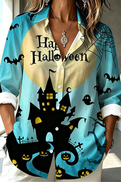 Halloween Haunted Castle & Bats Button-Up Shirt