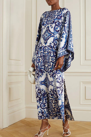 Blue and White Porcelain Print Loose Slit Maxi Dress