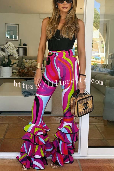 Cadee Unique Print High Rise Layered Flare Hem Stretch Pants