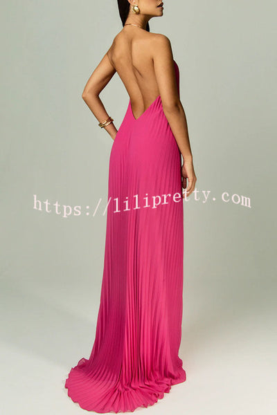 Coralie Pleated Metal Ring Halter Backless Loose Maxi Dress