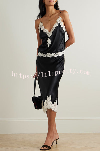 Celebration Look Contrast Color Satin Lace Trim Elastic Waist Drape Midi Skirt