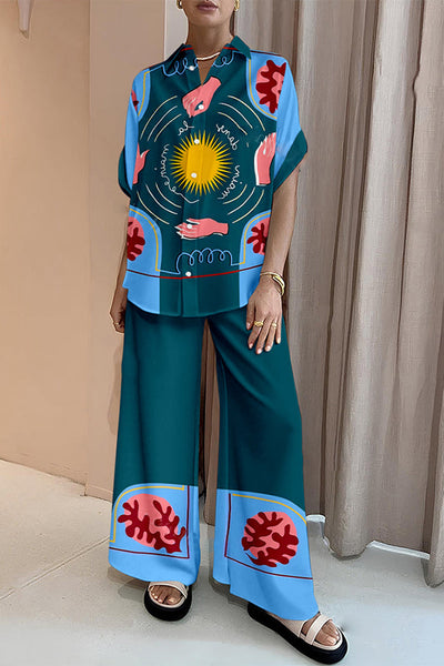 Sun Print Oversized Blouse and Elastic Waist Pocketed Pants Set