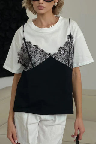 Fashionable Lace Patchwork Loose-fitting Round Neck Short-sleeved T-shirt