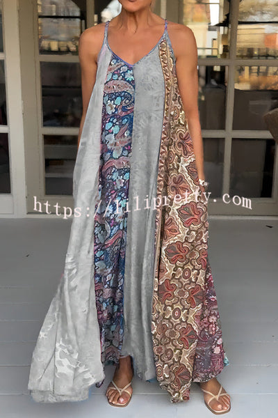 Unique Printed Loose Holiday Strap Big Hem Maxi Dress