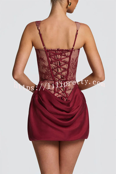 Cornelia Floral Lace Contrast Structural Detail Back Lace-up Satin Hem Mini Dress