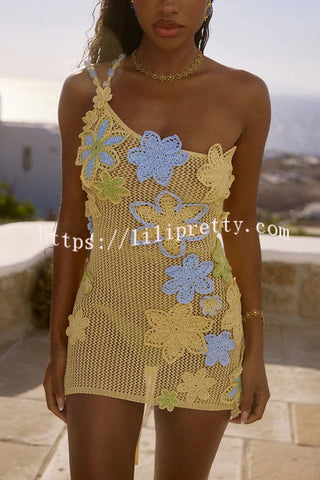 Nammos Knit Crochet Handmade Flower One Shoulder Back Tie-up Stretch Mini Dress