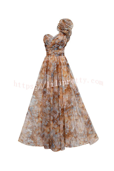 Romantic Ball Chiffon Floral One-shoulder Pleated Design Back Lace-up Gown Maxi Dress