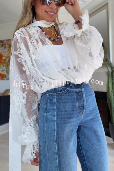 Classical Charm Sheer Lace Bow Neck Balloon Sleeve Drape Stretch Bodysuit
