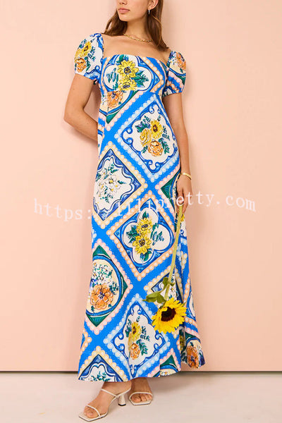 Briella Unique Floral Print Square Neck Puff Sleeve Maxi Dress