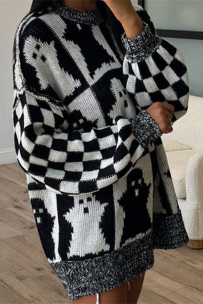 Halloween Ghost & Checkerboard Oversized Knit Sweater