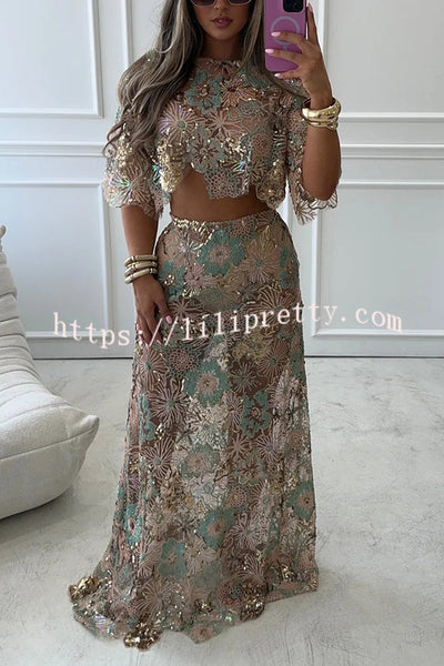 Fashionable Embroidered Flower Sequined Crop Top and Elegant Sheer Maxi Skirt Set
