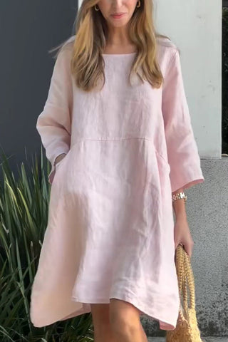 Linen Blend Solid Loose Casual Pocket Mini Dress
