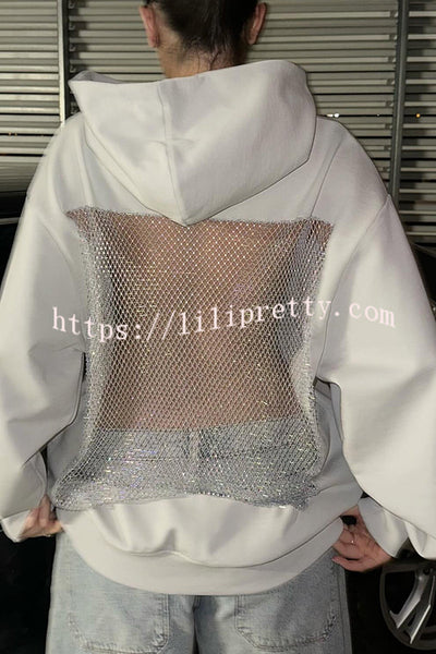 Fashionable Shiny Mesh Hollow Back Loose Long-sleeved Hooded Sweatshirt