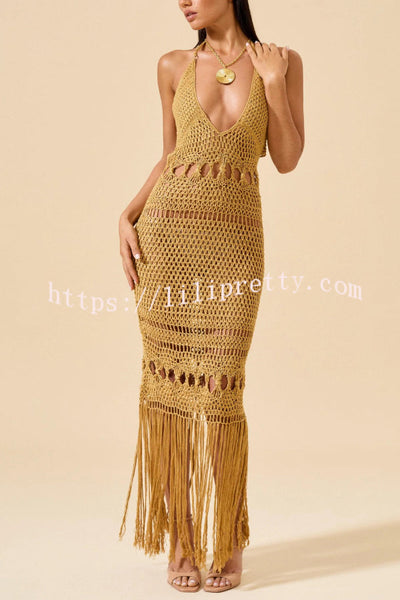 Fashionable Open-knit Backless Elegant Tassel Hem Vacation Cover-up Maxi Dress