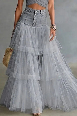 Y2K Fairycore Denim Corset Waist Tulle Maxi Skirt