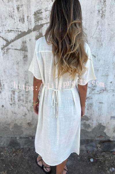 Embroidered Pattern V-neck Short-sleeved Loose Midi Dress