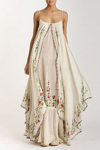 Botanical Print Suspenders Loose Full Hem Maxi Dress