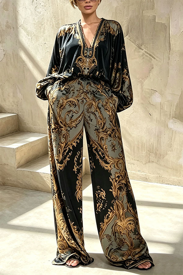 Baroque Noir Statement Blouse and Wide-Leg Pant Set