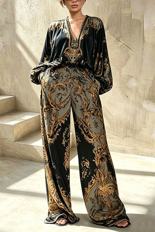Baroque Noir Statement Blouse and Wide-Leg Pant Set