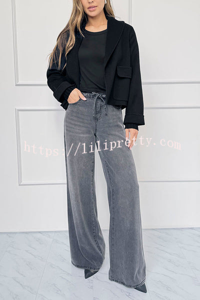 Comfortable Season Shawl Collar Open-front Long Sleeve Flap Pockets Crop Coat