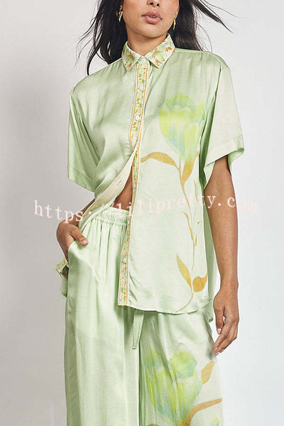 Niah Satin Tulip Print Lapel Short Sleeve Shirt and Elastic Waist Tie Pocket Wide Leg Pants Set