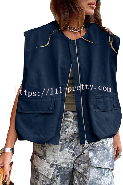 Fashion Zipper Sleeveless Pocket Loose Vest Jacket