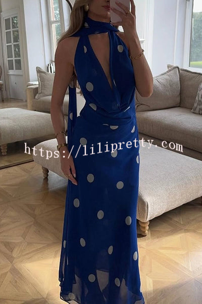 Fashion Polka Dot Print Sexy Halter Neck Backless Maxi Dress