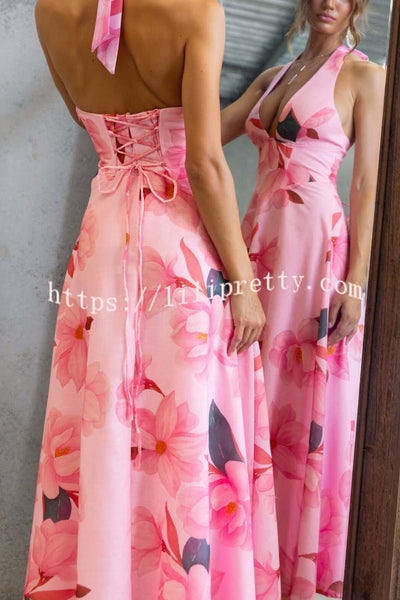 Floral Print V-neck Backless Tie-up Fitted Waist Elegant Maxi Dress