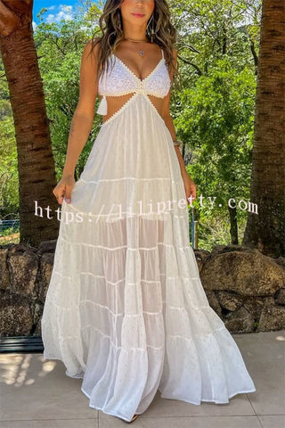 Soleil Crochet Tassel Shoulder Strap Cutout Waist Chiffon Polka Dot Vacation Maxi Dress