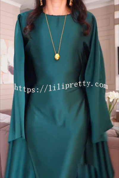 Dignified and Elegant Satin Batwing Sleeve with Waist Tie Design A-line Maxi Dress