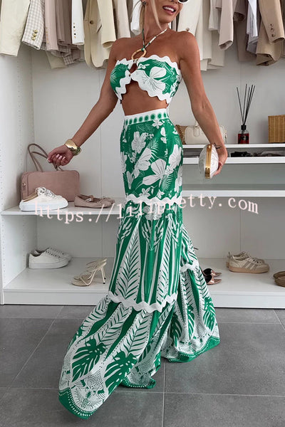 Cassie Ric Rac Trims Unique Print Halter Ring Tank and High Rise Wide Leg Pants Set