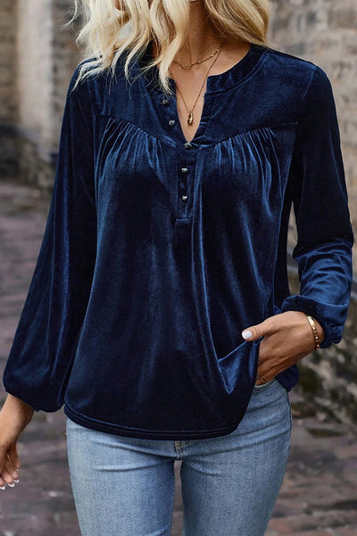 Solid Color Velvet V-neck Long-sleeved Loose Button Top