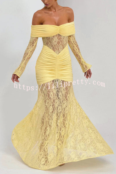 Solid Color Patchwork Lace Off-shoulder Long-sleeved Pleated Slim-fit Maxi Dress