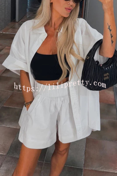 Summer Casual Loose Short-sleeved Shirt and Elastic High Waist Shorts Set