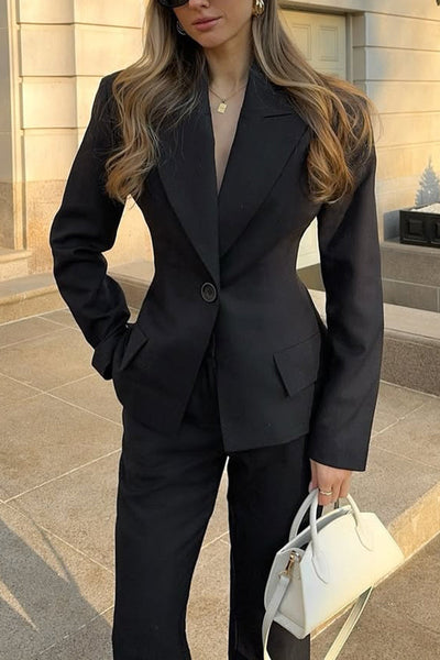 Solid Color Long-sleeved Single-button Blazer and Pocket Casual Flared Pants Set