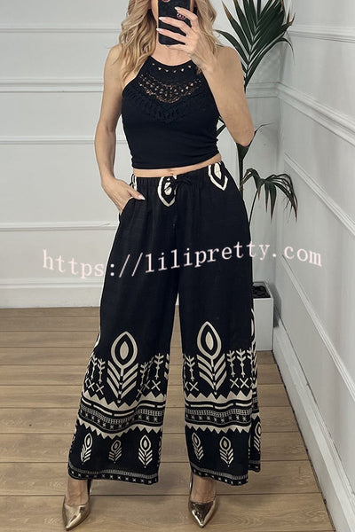 Unique Print Elastic Waist Casual Pocket Wide Leg Pants