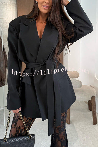 Chic Moment Lapel Long Sleeve Belt Pocketed Oversized Blazer