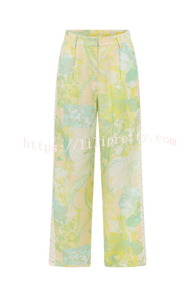 Summer Elegant Printed Curved Crochet Trim Camisole Top and Elastic Waist Casual Pocket Wide-leg Pants Set