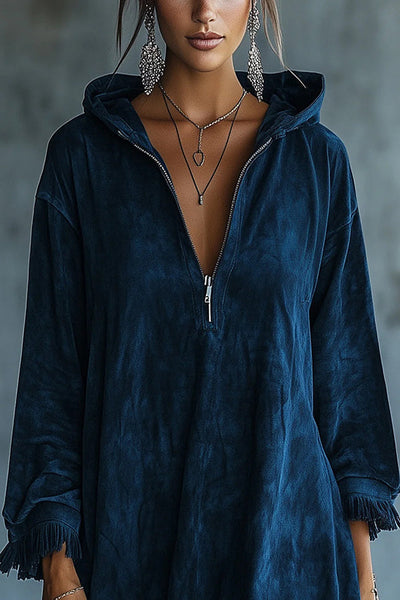 Solid Color Loose Hooded Zip-up Casual Long-sleeved Tassel Hem Mini Dress