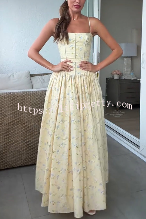 Romantic Countryside Stretch Cotton Blend Floral Print Cutout Trim Slip Midi Dress