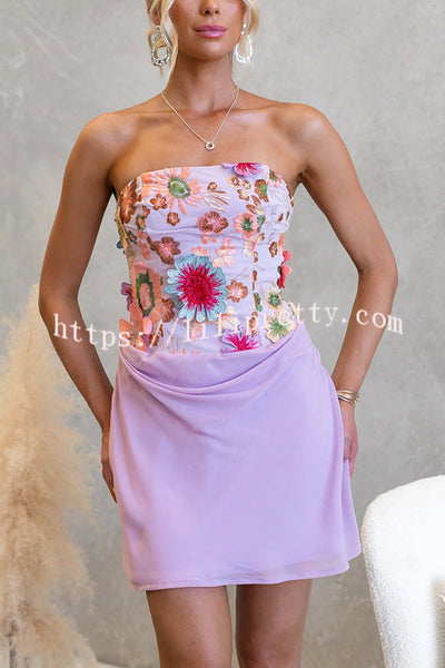 Marigold Charm Embroidered 3D Flowers Chiffon Hem Strapless Mini Dress