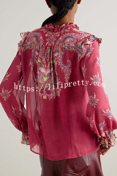 Unique Printed Chiffon Long-sleeved Loose Shirt and Elegant Ruffled Maxi Skirt Set