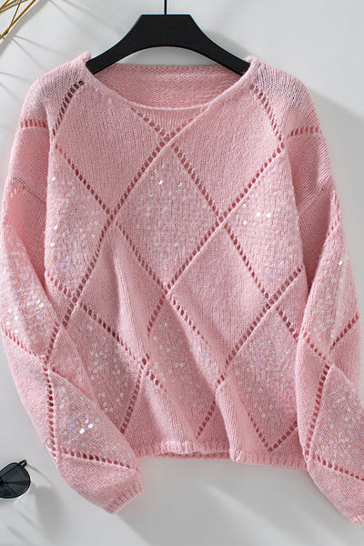 Fashionable Hollow Sequined Loose Rhombus Knitted Sweater